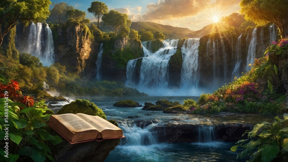 Poster waterfalls cascade over lush greenery at sunset while an open book rests on a rock, inviting reflect