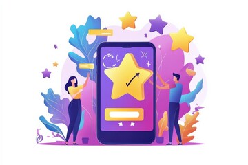 Illustration of people interacting with a mobile app screen.