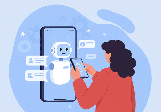 Woman interacting with a chatbot on a smartphone screen with message bubbles and abstract background
