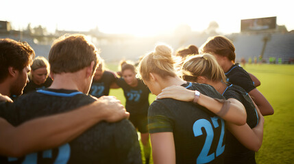Soccer team unites infield before game at sunny stadium
