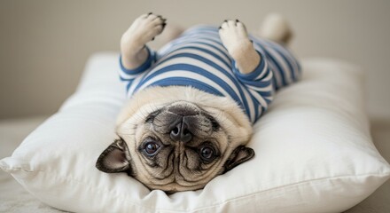 Adorable pug relaxing in striped pajamas on a soft pillow