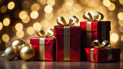 Red and Gold Wrapped Presents With Decorative Bows on a Blurred Festive Background of Golden Lights During the Holiday Season