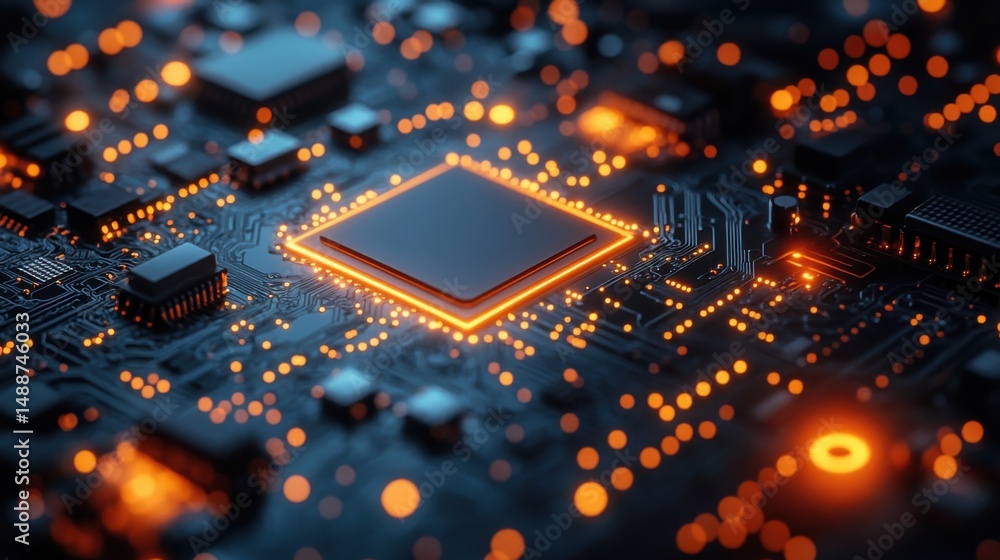 Poster circuit board glowing with vibrant orange lights and intricate components at close range