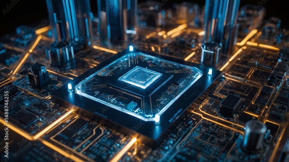 Aufkleber exploration of a futuristic microchip on a glowing circuit board in a high-tech lab at night