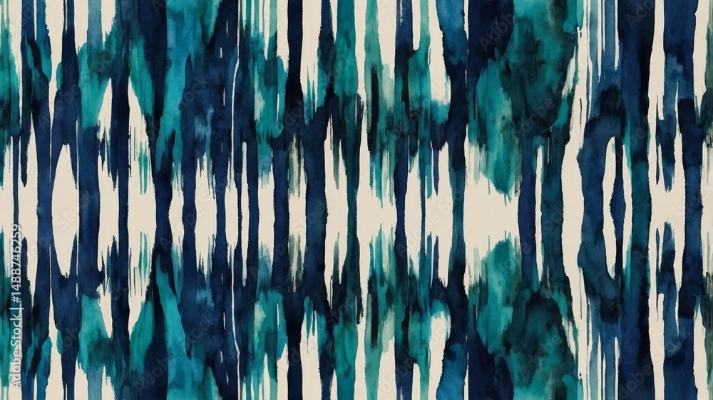 Poster colorful abstract pattern in deep blue and teal tones with strong vertical lines creating depth and 