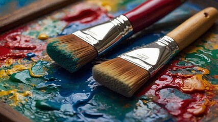 Fototapeta premium Brightly Colored Paint and Brushes Resting on a Wooden Palette During an Art Project in a Cozy Studio Space