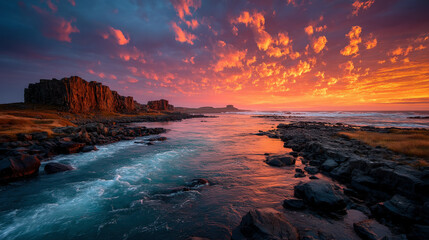 Fototapeta premium Beautiful rocky landscape with a water stream at sunset.