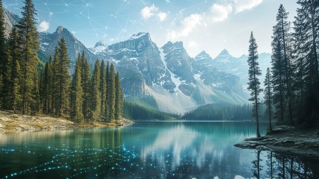 Serene mountain lake reflecting snow-capped peaks, surrounded by lush evergreens, with subtle digital network overlay. - Powered by Adobe
