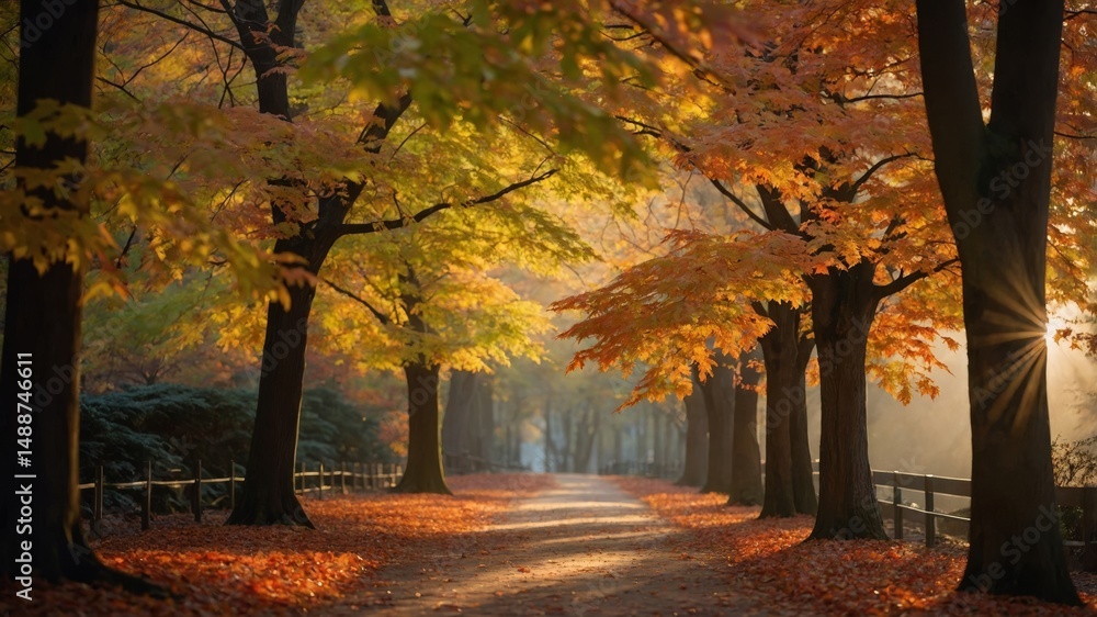 Aufkleber autumn pathway with golden leaves and soft sunlight filtering through trees in a tranquil park setti