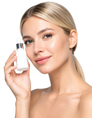 Woman holding a white cosmetic product bottle with a dropper with a clear skin and golden hair in transparent background