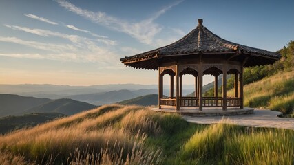 Obraz premium Pavilion Overlooking Rolling Hills at Sunset, With Vibrant Grass and Clear Sky in a Serene Landscape