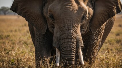 Fototapeta premium Majestic Elephant Standing in Golden Grasslands During Early Morning Light in African Savanna