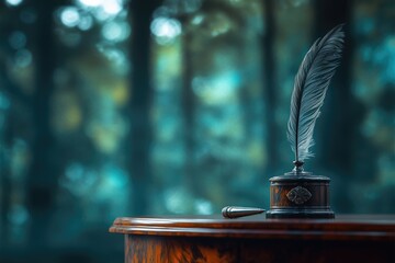 An elegant quill pen resting in its inkwell on a wooden desk with a blurred, ethereal background.