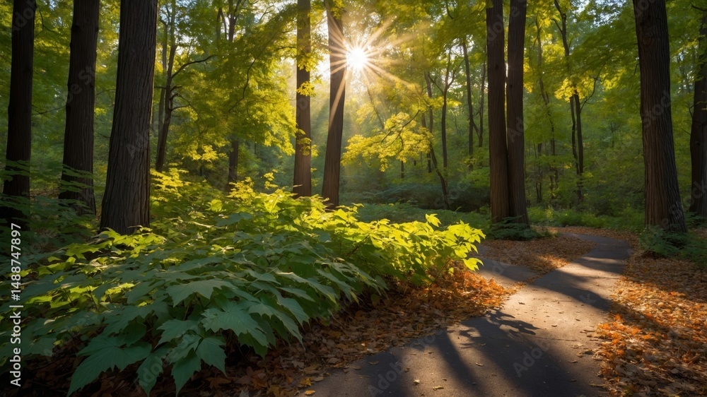 Poster sunlight filters through leaves in a serene forest path during a warm afternoon in early autumn, cre