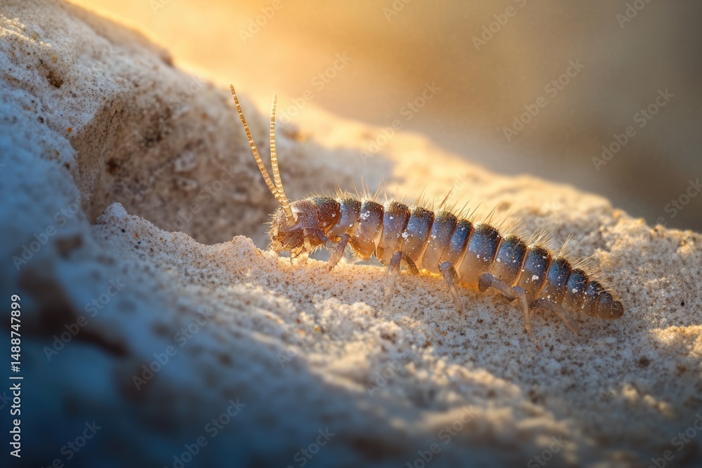 Poster a segmented, spiky arthropod crawls across textured sand, illuminated by a warm, diffused light crea