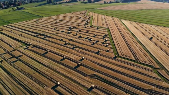 an aerial view of a harvested field with hay bales, revealing a tranquil agricultural landscape. The field displays a network of parallel lines of golden hay bales in an idyllic setting