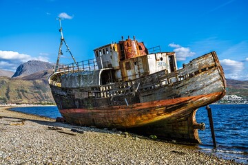 View of Corpach Wreck or Old Boat of Caol and Nevis Range Mountains, Caol Beach, Corpach, Fort...