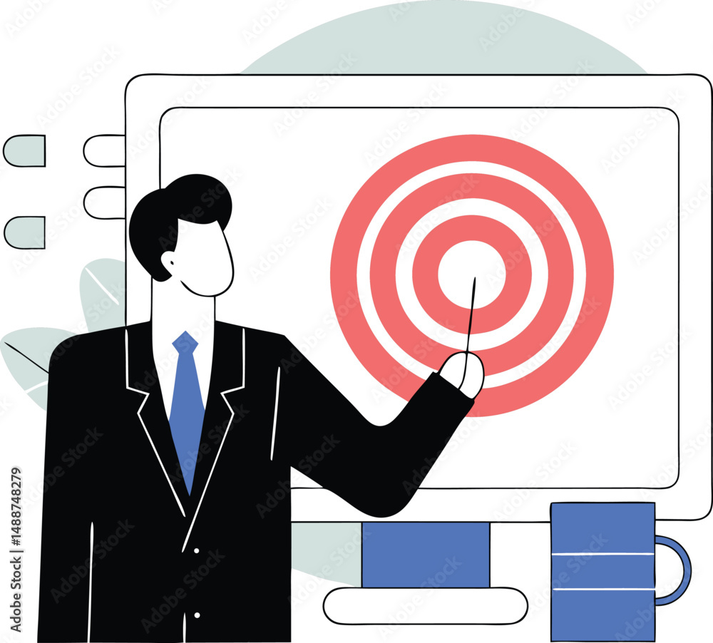 Poster conceptual business target achieving illustration with suit elements and computer mouse.