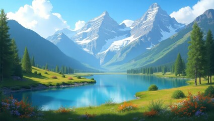 Fototapeta premium Majestic Mountain Landscape With Serene Lake and Vibrant Greenery During Bright Daytime