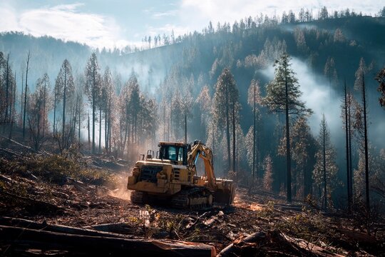 A bulldozer is actively working to clear debris in a forest area affected by recent wildfires. Surrounding trees appear charred, and smoke lingers in the air on a bright day