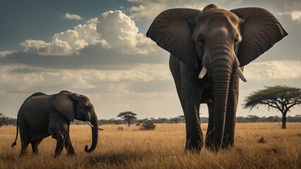 Fototapeta premium Majestic Elephants Walking Through the Savanna at Sunset in a Tranquil African Landscape Surrounded by Acacia Trees