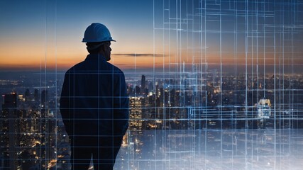 Professional Construction Worker Overlooking a City Skyline at Sunset, Contemplating Future Projects in Urban Development and Architecture