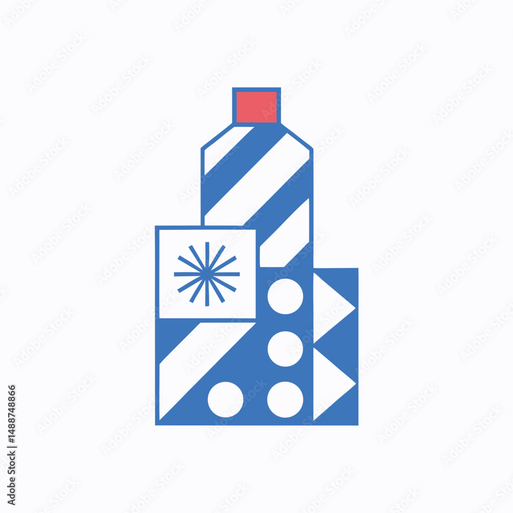 Poster geometric abstract composition in blue and white with transparency on a white background