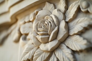 Close-up of a sandstone rose with delicate petals and a textured surface, showcasing floral architecture and ornate design.