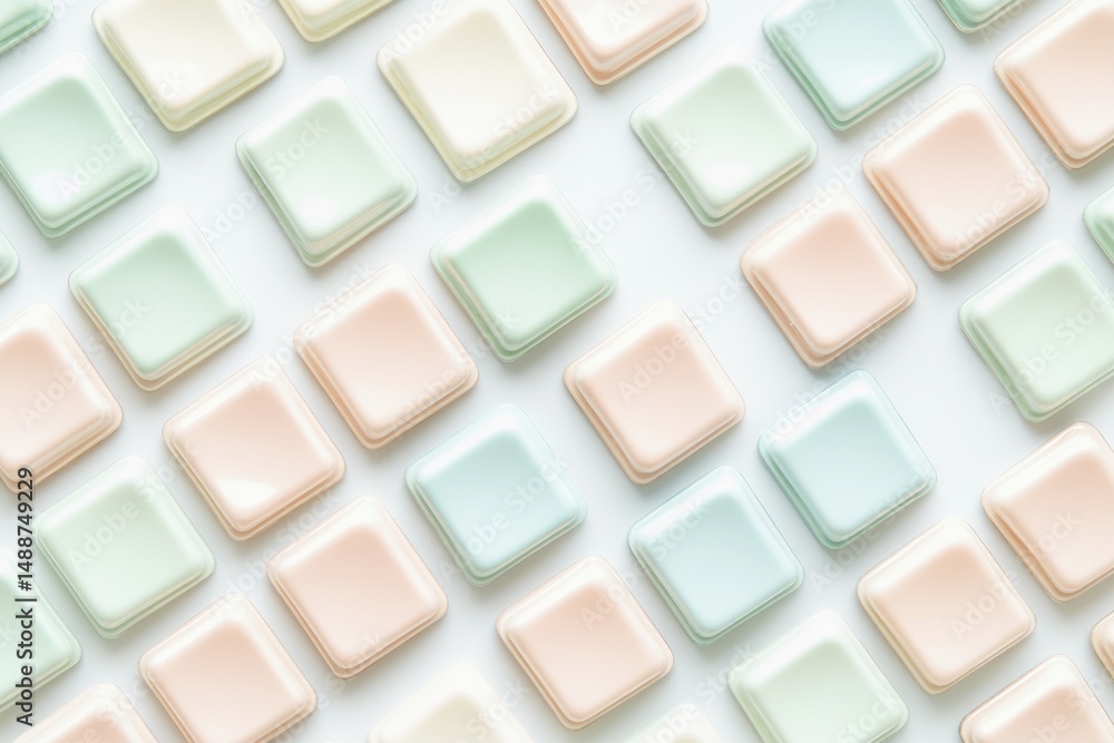 Aufkleber pastel colored square objects, arranged diagonally on a white surface. the objects appear soft and t