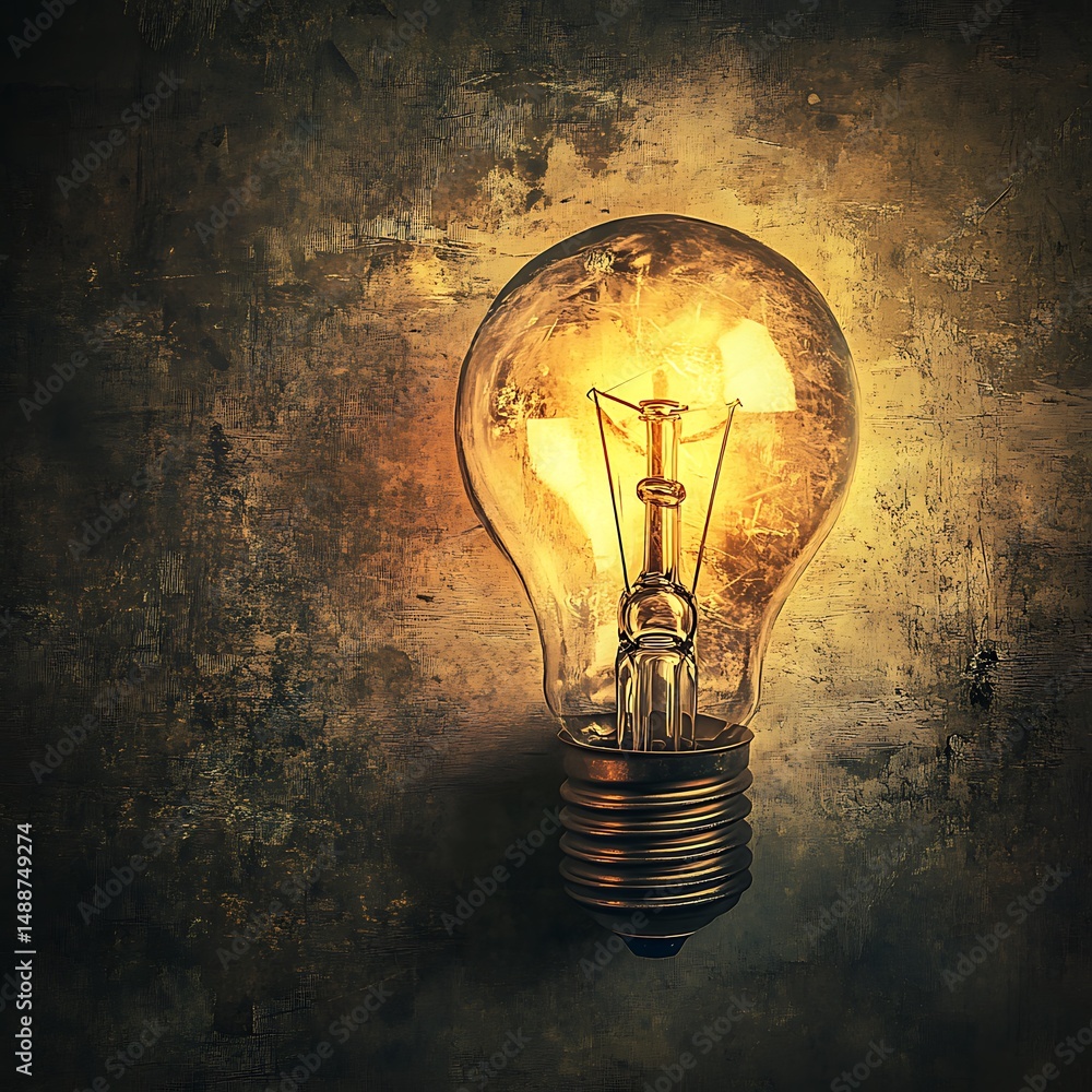 Poster glowing light bulb on textured background: conceptual brightness and illumination depicted in artist