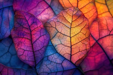 Close-up vibrant, colorful leaves exhibiting intricate vein patterns in shades of purple, orange, and blue. Nature's artistry displayed beautifully.