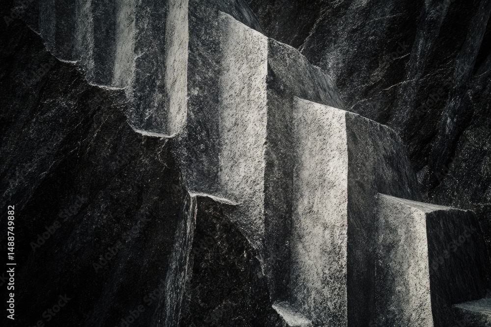 Poster a stark, monochrome image of tiered rock formations, creating a geometric, abstract landscape with l