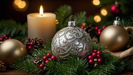 Decorative Silver Ornament Surrounded by Candles and Evergreen Branches in a Cozy Holiday Setting
