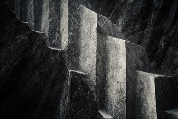 A stark, monochrome image of tiered rock formations, creating a geometric, abstract landscape with light and shadow emphasizing the textured surfaces.