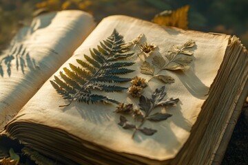 An antique book rests open, showcasing delicate pressed ferns and leaves between aged, yellowed pages in warm light.