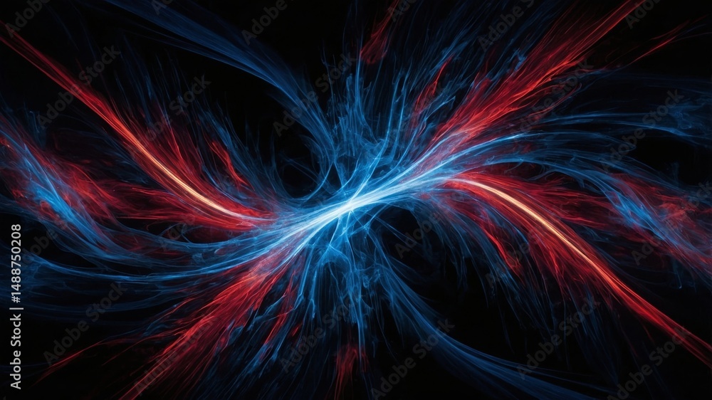Poster abstract digital art featuring swirling red and blue fractal patterns creating a dynamic visual effe