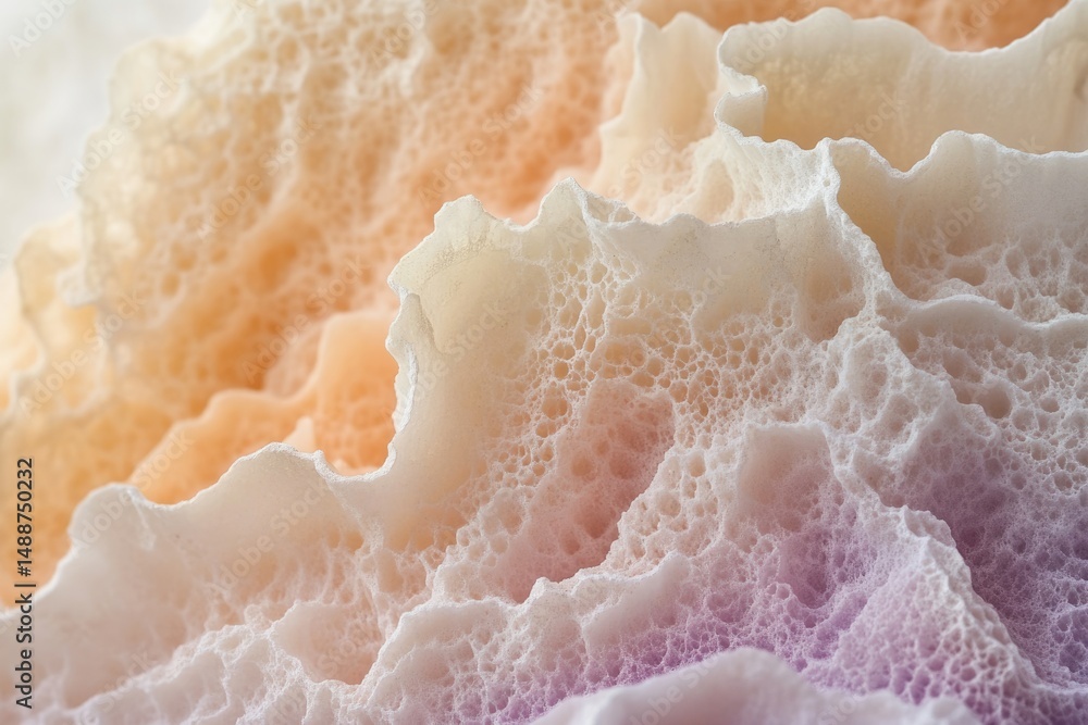 Poster close-up of a porous, coral-like structure with subtle color gradients, revealing intricate textures