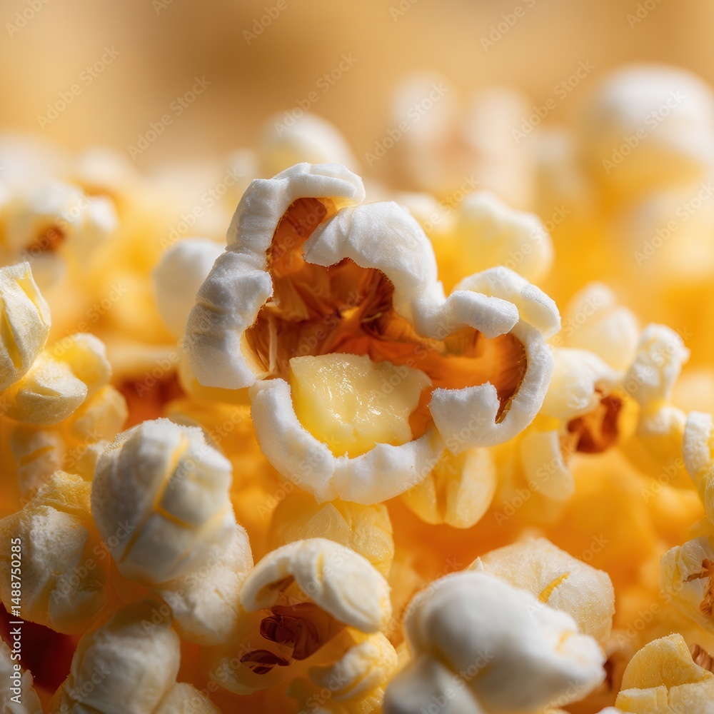 Poster Macro shot of freshly popped popcorn with a distinctive shape, highlighting its texture and golden color.