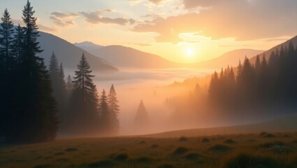 Obraz premium Sunrise Over Misty Valley in Mountainous Landscape With Vibrant Sky and Towering Pine Trees