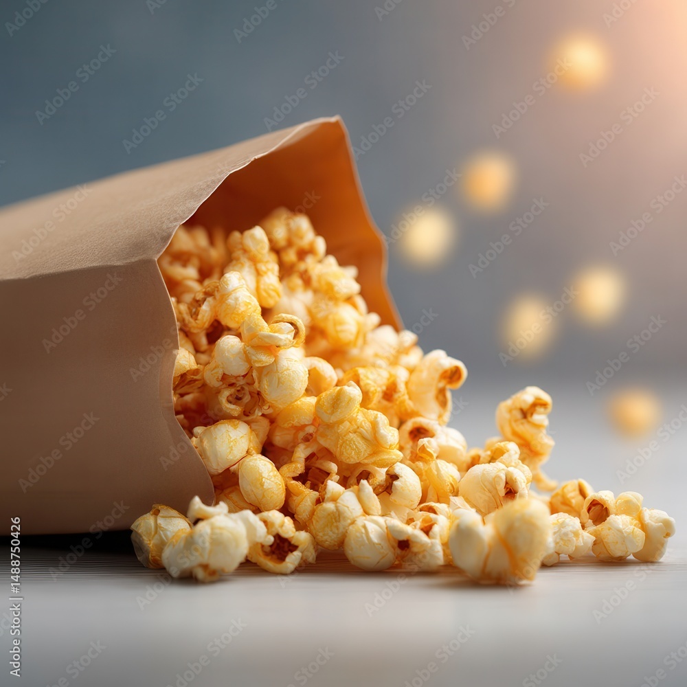Poster overfilled popcorn bag spilling onto a surface, illuminated by soft light against a blurred backgrou