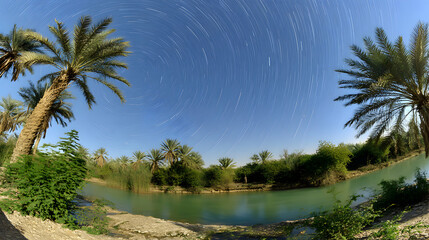 Palm trees surround river reflecting spinning star trails at night