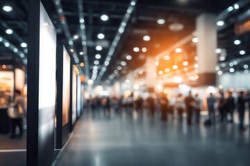 Blurred scene captures the energy of a large indoor trade show, with crowds of people browsing displays and exhibits.