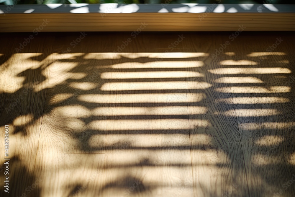 Poster sunlight streams through blinds, casting shadows on a light wooden floor, creating a pattern of ligh