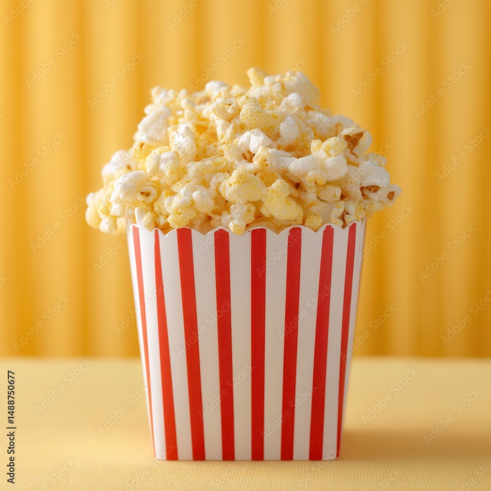 Poster A striped container holds a heap of popcorn, displayed against a yellow backdrop, creating a classic and inviting snack presentation.