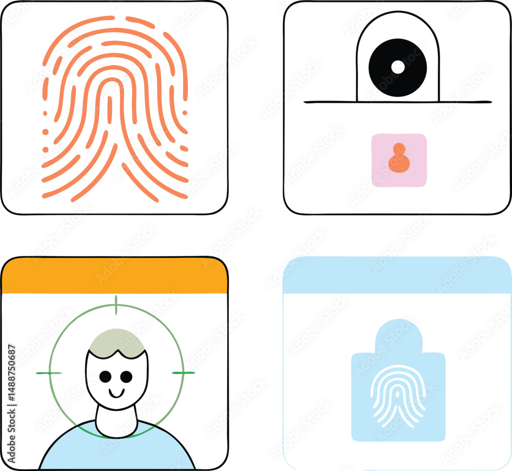 Poster simplified biometric authentication processes depicted with fingerprint and facial recognition icons
