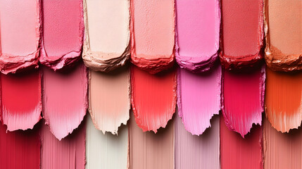 A close-up showcases numerous vertical swatches of creamy makeup, exhibiting a spectrum of pink, peach, and coral hues, each smear showing texture and subtle variations in shade