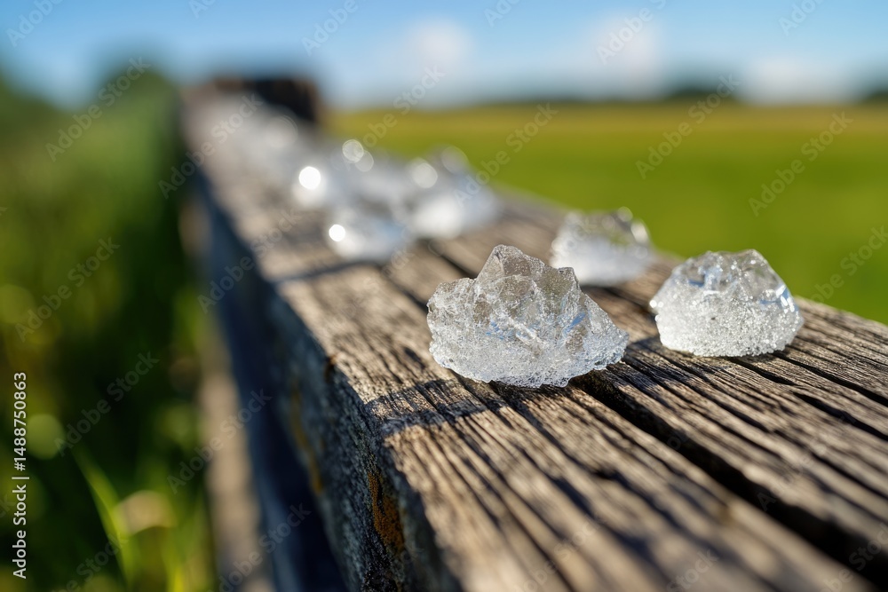 Aufkleber sparkling ice chunks rest on a weathered wooden fence against a blurred backdrop of green field and 
