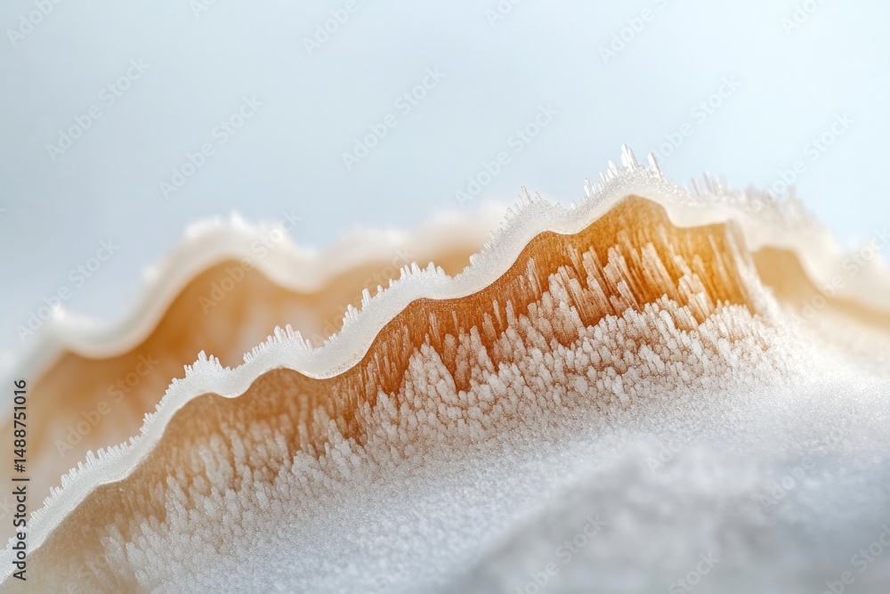 Poster macro shot of a frosty, textured surface with ice crystals forming delicate patterns, creating a ser