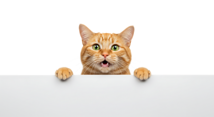 Adorable Ginger Cat Peeking Over White Background  Perfect for Pet-Related Designs, Websites, and Social Media