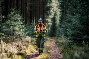 Naklejka premium A worker dressed in reflective gear walks along a wooded trail, checking a mobile device. Tall trees surround the path, with soft afternoon light filtering through the leaves